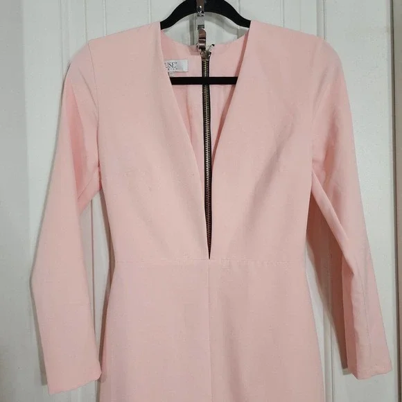 House of CB Womens Dress Dominique Baby Pink Full Zip Deep V Neck Bodycon Sz XS - Picture 4 of 12
